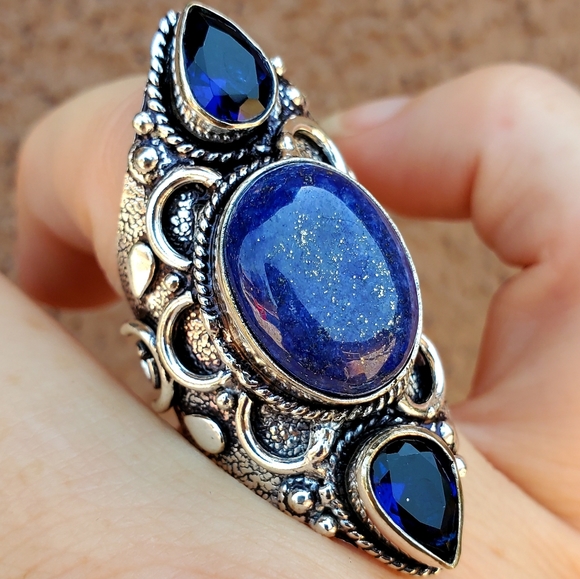 New Lapis Lazuli & Blue Topaz 925 Silver Statement Ring. - Picture 12 of 15